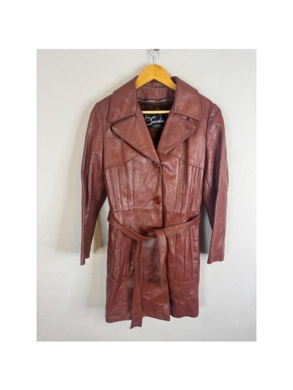 Vintage Furs by Sunshine Burgundy Leather Trench Coat Faux Fur Zip Out Liner